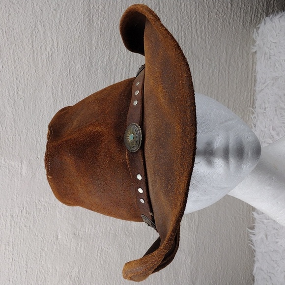Minnetonka Unisex Silverton Dude Brown Ruff Genuine Leather Studded Western Hat - Picture 2 of 14